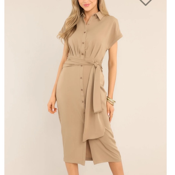 Working Together Tan Button Front Midi Dress - Picture 1 of 6